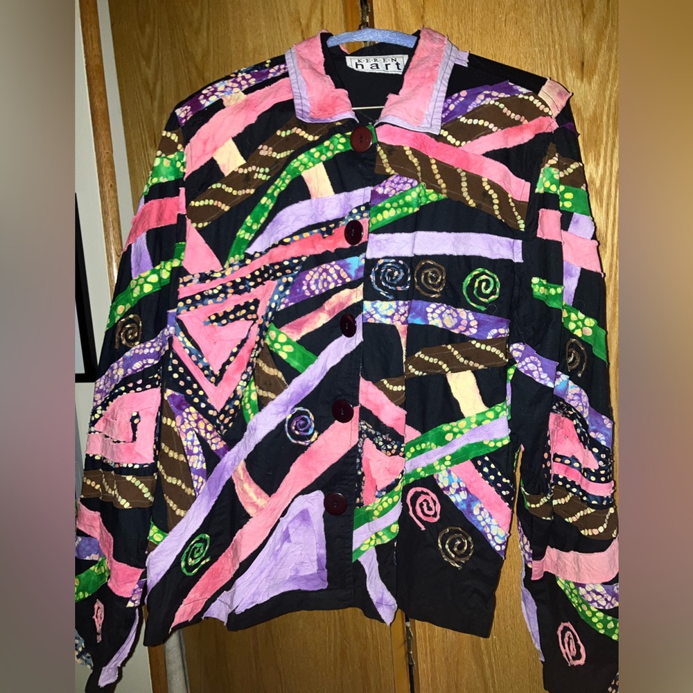 $89 Keren Hart vintage colorful funky artistic patchwork rag style jacket Size L